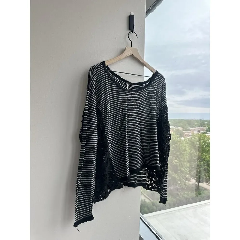 Free People Black White Striped Knit Lace Trim Scoop Neck Dolman Tunic L